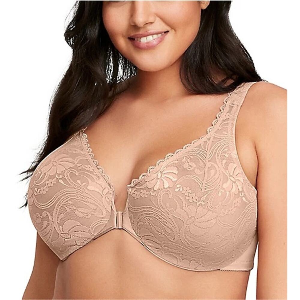 Glamorise Front-Close Lace T-Back Wonderwire‎ Bra Cafe Beige Floral Underwire